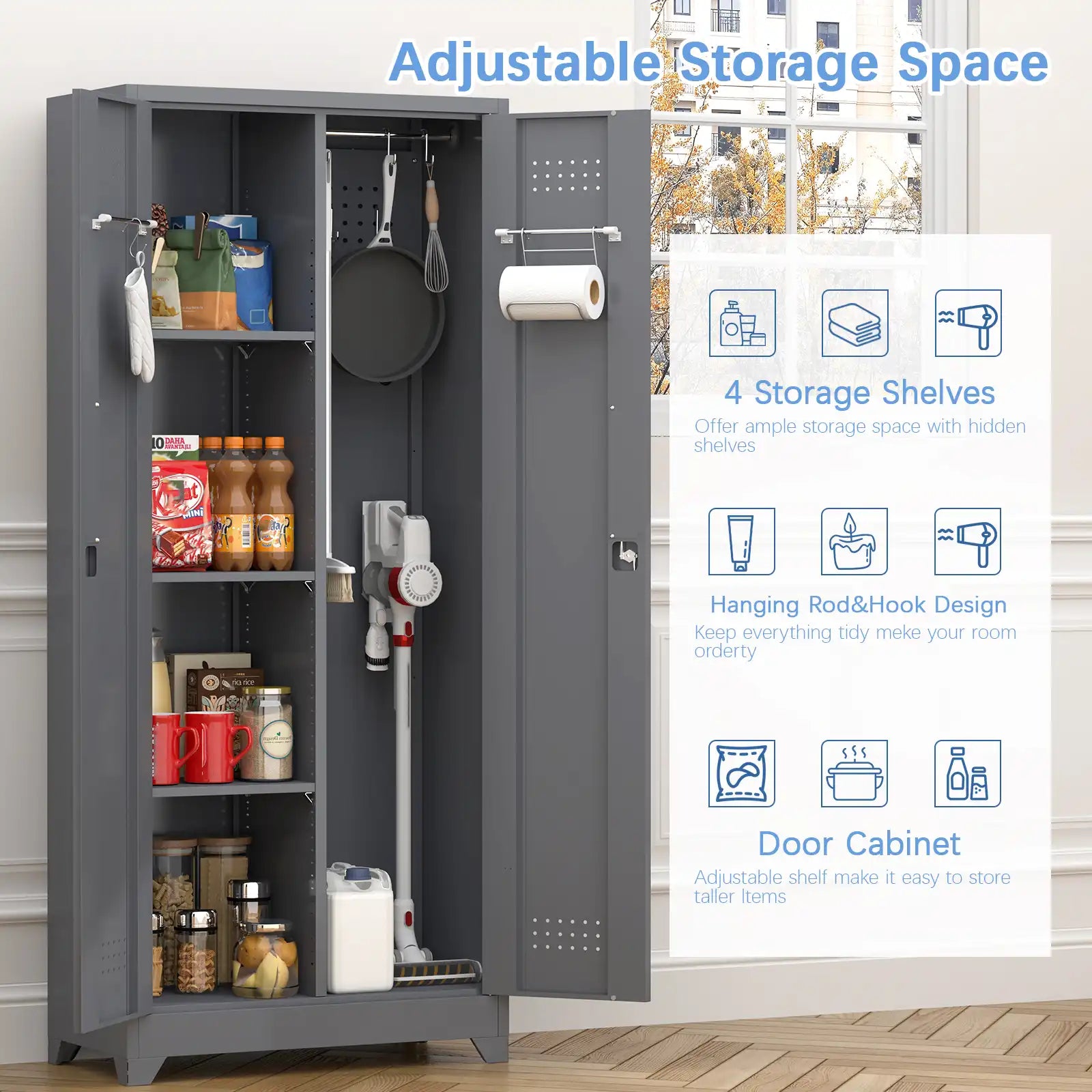metal broom closet with 2 doors 1