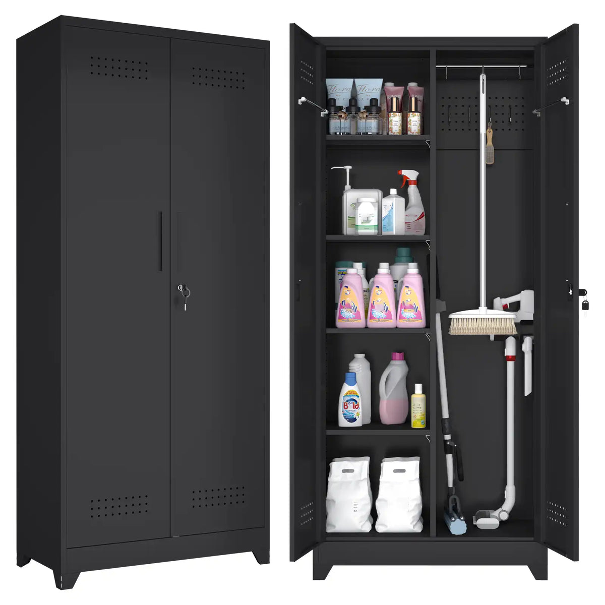 metal broom closet with two full-length locking doors and a sleek modern finish #black #standard