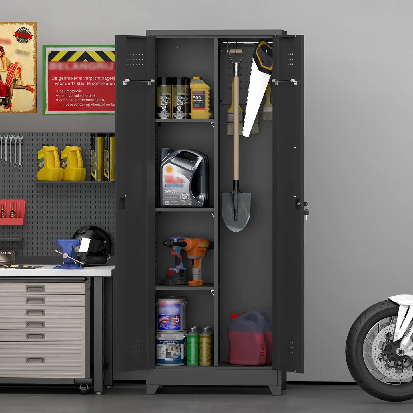 metal garage cabinet in a workshop organized with motor oil power tools and a spade shovel #black #compact