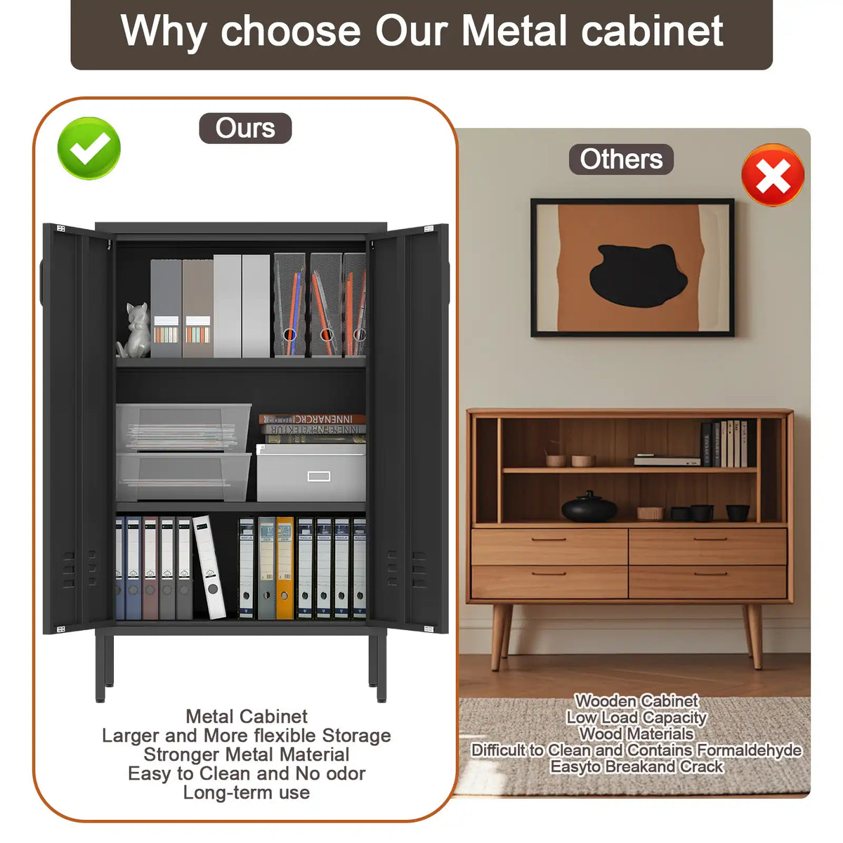 Comparison image highlighting the larger capacity, durability, and non-toxic advantages of a black metal cabinet over traditional wooden furniture.