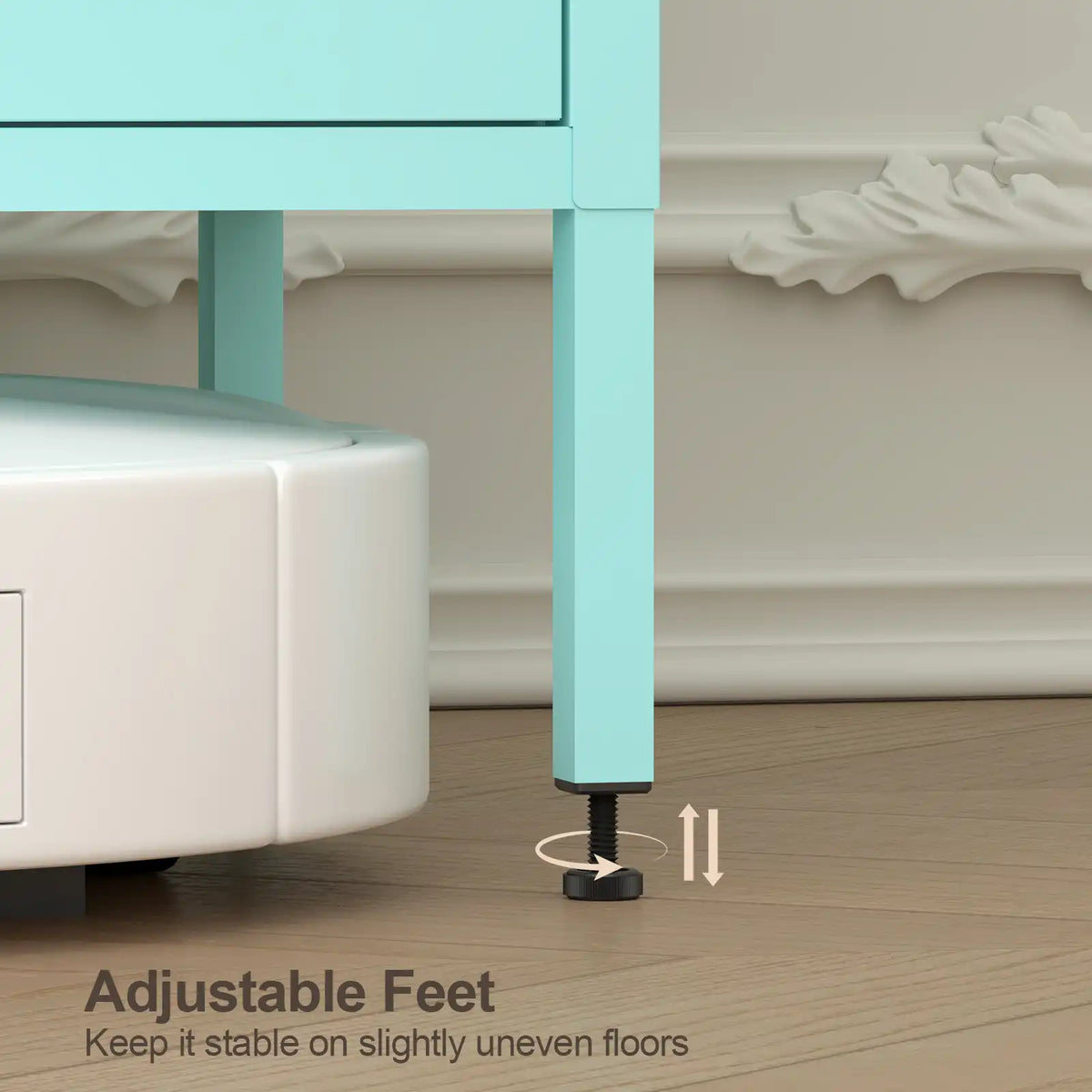 Adjustable feet storage cabinet in the living room. #blue