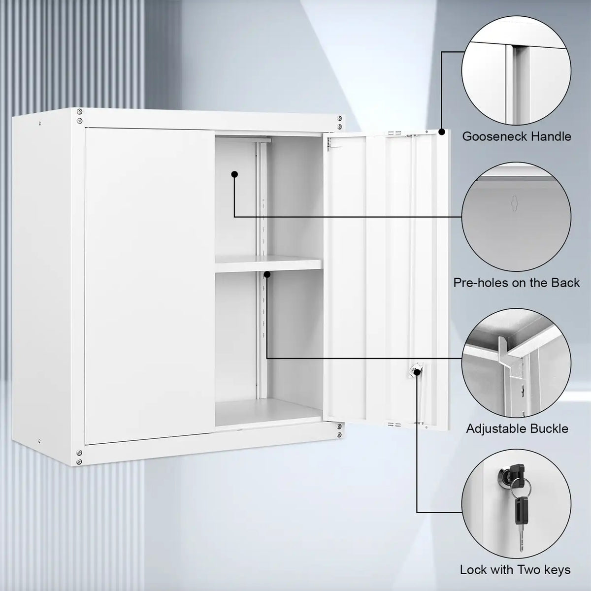 Features of the metal wall storage cabinet highlighting gooseneck handle, pre-drilled back holes, adjustable buckle and key locks.