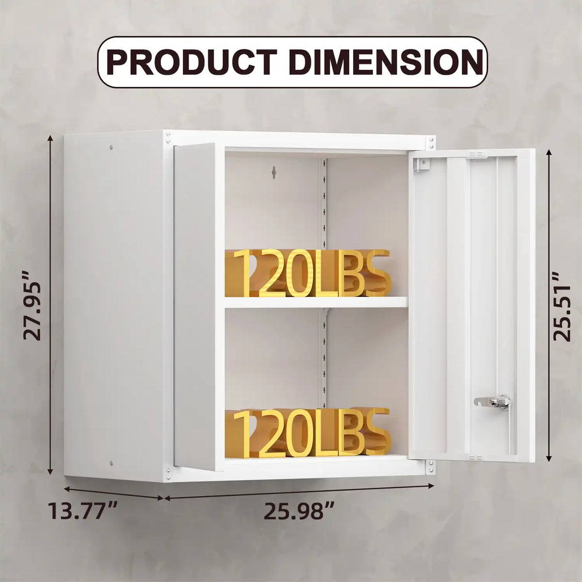Metal wall storage cabinet dimension and weight capacity graphic showing 120 lbs per shelf load limit.