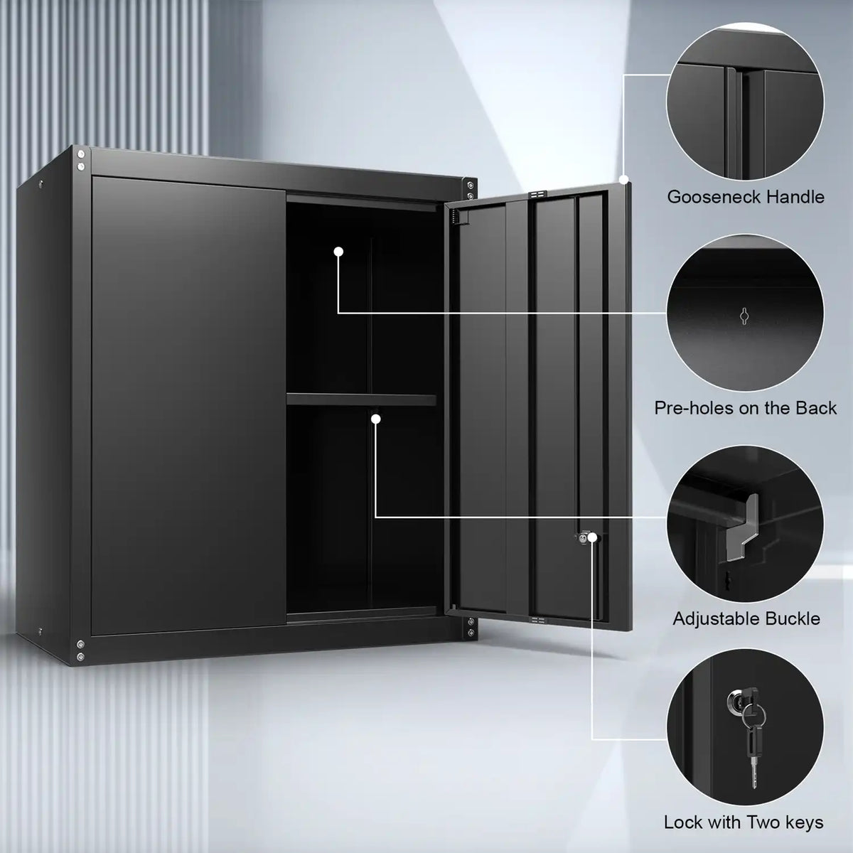 Features of the metal wall storage cupboard highlighting gooseneck handle, pre-drilled back holes, adjustable shelf buckle and keys.