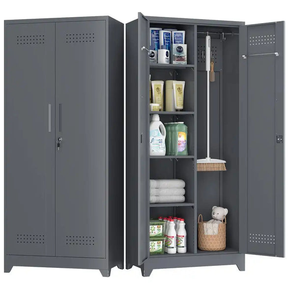 GREATMEET Broom Closet Storage Cabinet with Locking Doors, Metal Storage Cabinet with Hanging Rod,Garage Storage Cabinet with Hook,Cleaning Tool Cabinet