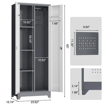 GREATMEET Broom Closet Storage Cabinet with Locking Doors, Metal Storage Cabinet with Hanging Rod,Garage Storage Cabinet with Hook,Cleaning Tool Cabinet