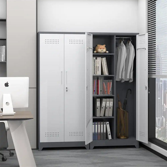 GREATMEET Broom Closet Storage Cabinet with Locking Doors, Metal Storage Cabinet with Hanging Rod,Garage Storage Cabinet with Hook,Cleaning Tool Cabinet