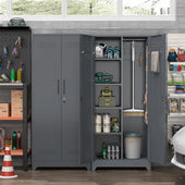 GREATMEET Broom Closet Storage Cabinet with Locking Doors, Metal Storage Cabinet with Hanging Rod,Garage Storage Cabinet with Hook,Cleaning Tool Cabinet
