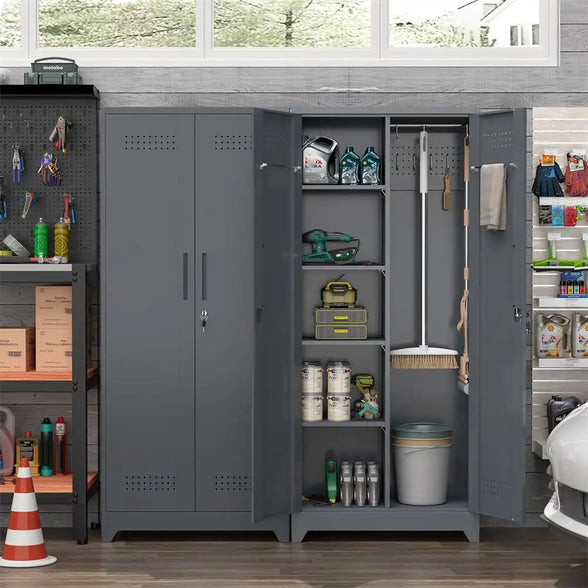 GREATMEET Broom Closet Storage Cabinet with Locking Doors, Metal Storage Cabinet with Hanging Rod,Garage Storage Cabinet with Hook,Cleaning Tool Cabinet