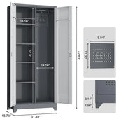GREATMEET Broom Closet Storage Cabinet with Locking Doors, Metal Storage Cabinet with Hanging Rod,Garage Storage Cabinet with Hook,Cleaning Tool Cabinet