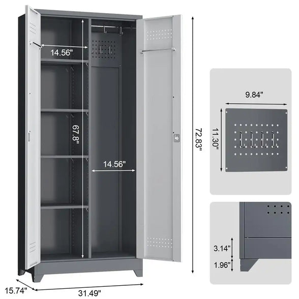 GREATMEET Broom Closet Storage Cabinet with Locking Doors, Metal Storage Cabinet with Hanging Rod,Garage Storage Cabinet with Hook,Cleaning Tool Cabinet