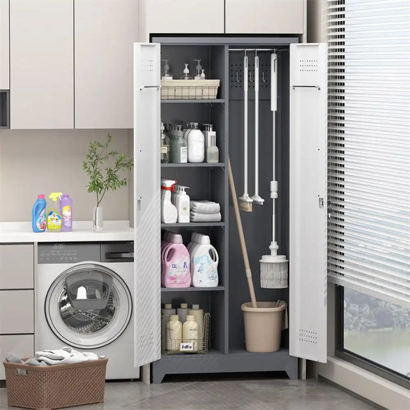 GREATMEET Broom Closet Storage Cabinet with Locking Doors, Metal Storage Cabinet with Hanging Rod,Garage Storage Cabinet with Hook,Cleaning Tool Cabinet