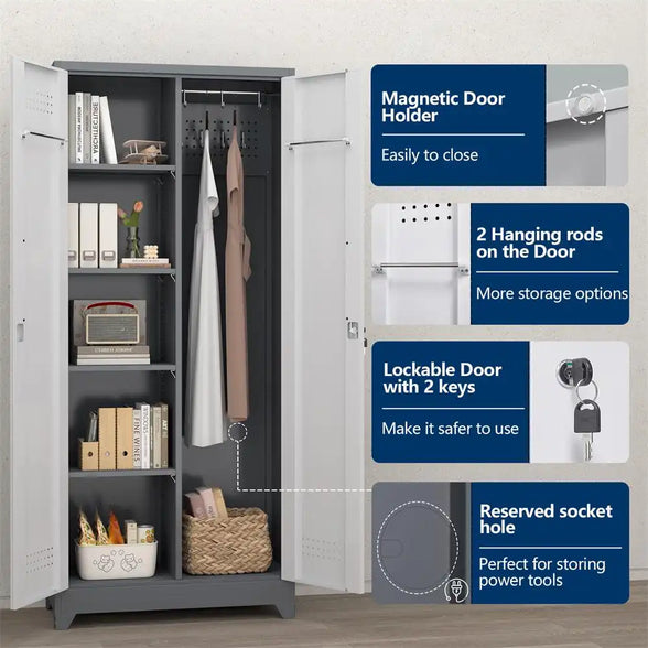 GREATMEET Broom Closet Storage Cabinet with Locking Doors, Metal Storage Cabinet with Hanging Rod,Garage Storage Cabinet with Hook,Cleaning Tool Cabinet