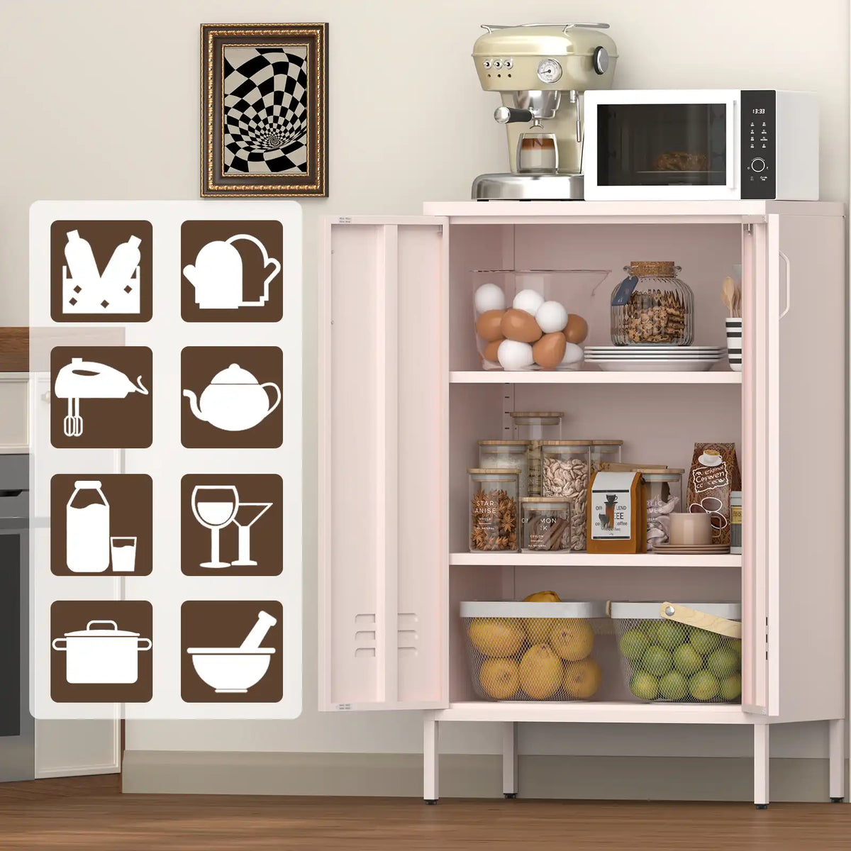 Large capacity modern storage cabinet with adjustable shelves for maximum space efficiency.