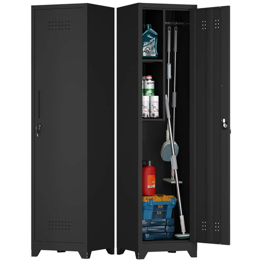 mop and broom storage cabinet shown both closed with a secure lock and open to reveal internal storage space #black