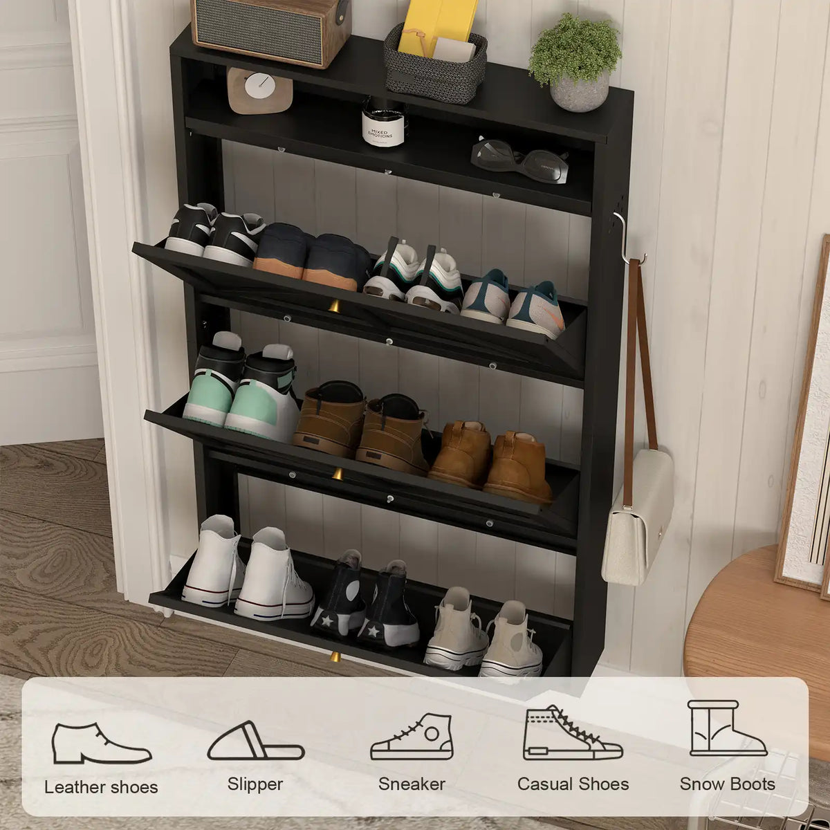 multi-functional black 3-tier shoe cabinet with three opened flip drawers organizing various footwear styles