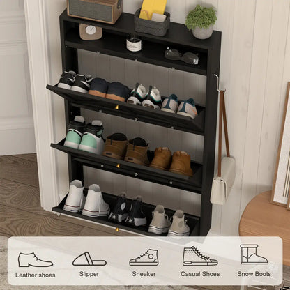 multi-functional black 3-tier shoe cabinet with three opened flip drawers organizing various footwear styles