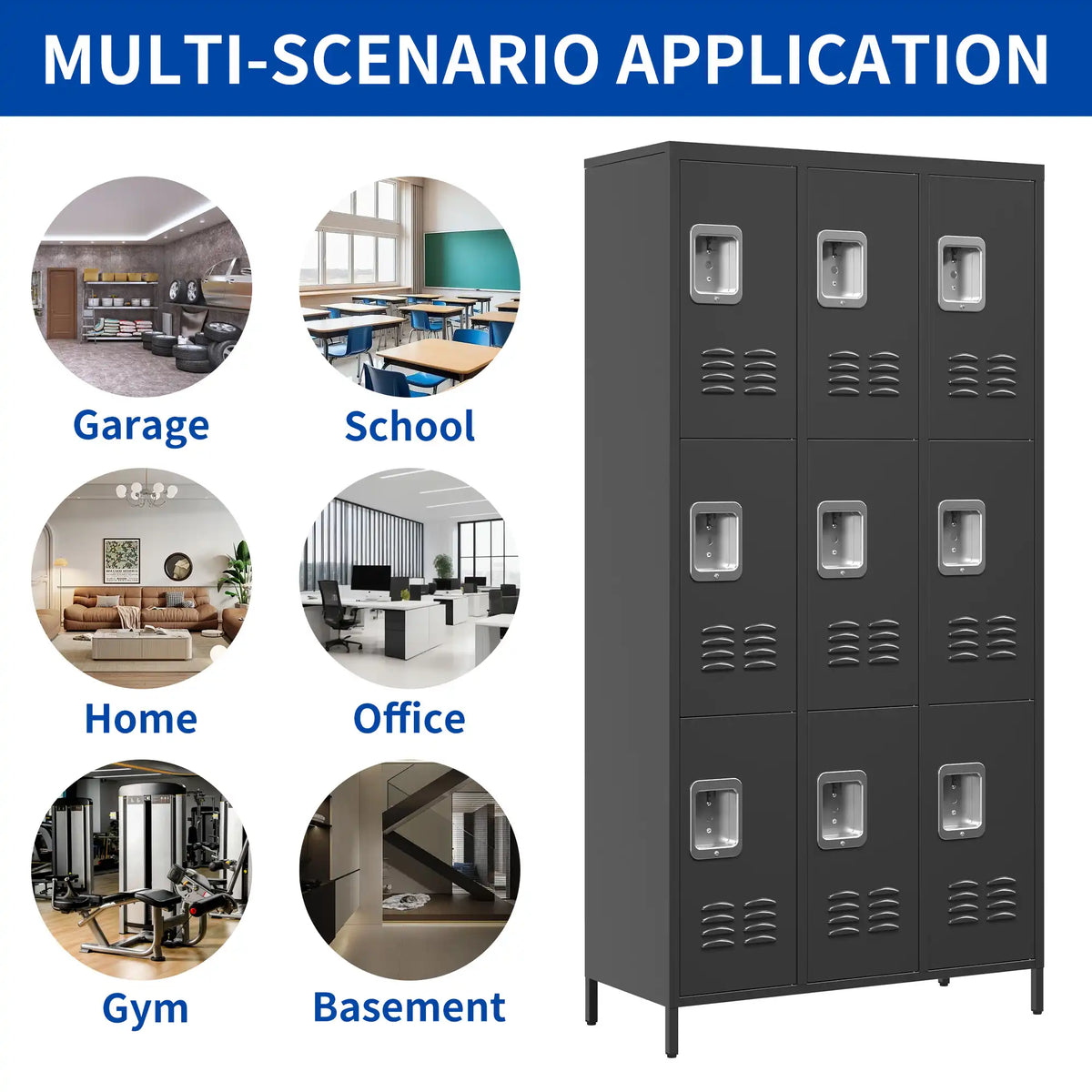 Versatile 9-door steel locker cabinet suitable for multiple scenarios including garage, school, home, office, gym, and basement storage.