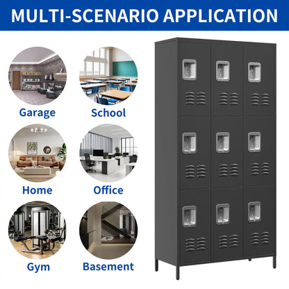 Versatile 9-door steel locker cabinet suitable for multiple scenarios including garage, school, home, office, gym, and basement storage.