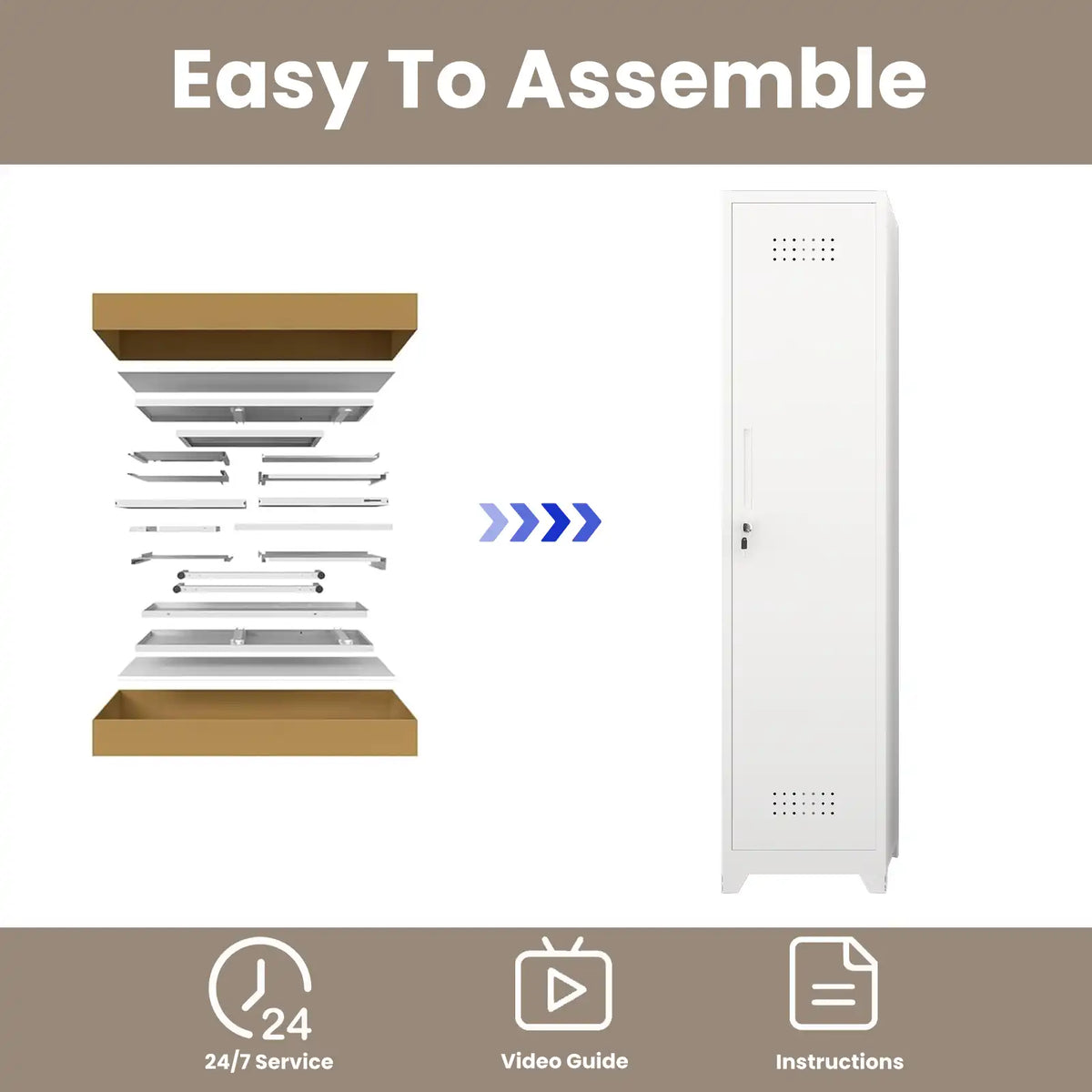 narrow steel locker assembly structure diagram highlighting easy setup and included instructions