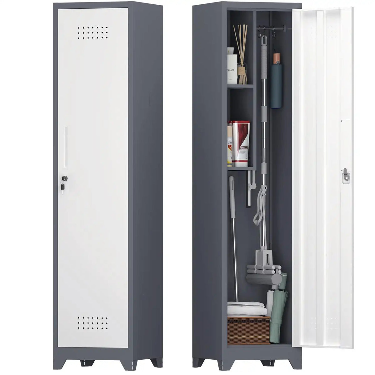 narrow storage cabinet shown both closed with a secure key lock and open to display inner compartments #grey+white