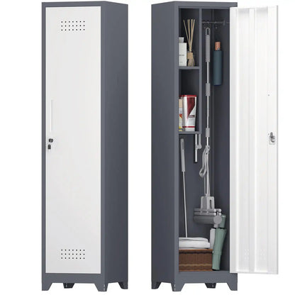 narrow storage cabinet shown both closed with a secure key lock and open to display inner compartments