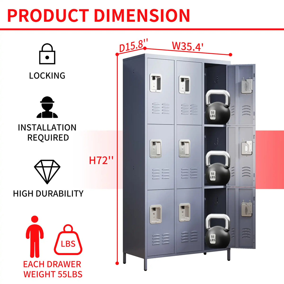 Dimensional diagram illustrating product height, width, depth specs, and heavy-duty shelf weight capacity. #grey