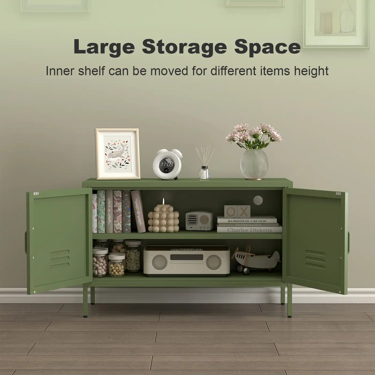 Green accent locker console with open doors displaying spacious interior and adjustable shelf.