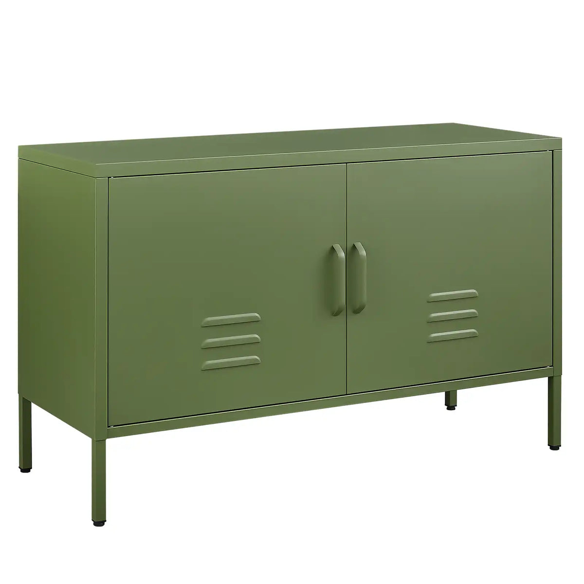 Olive green metal accent storage cabinet featuring plain doors, handles, and adjustable feet for home. #green