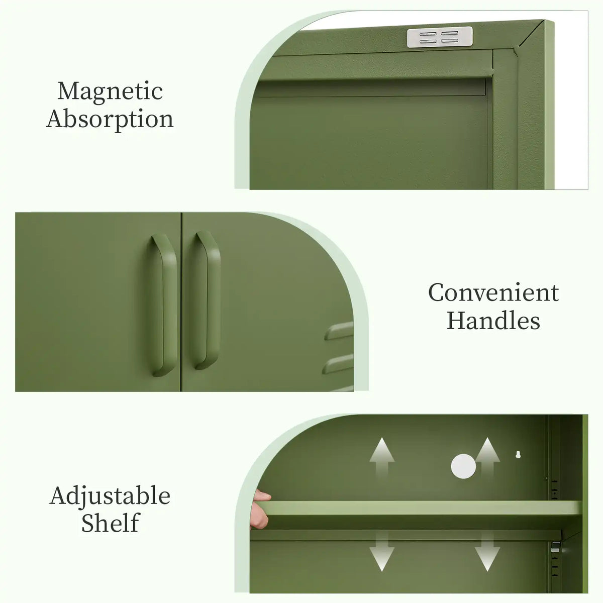 Olive green metal storage cabinet detail diagram highlighting magnetic catches, handles, and adjustable shelf. #green