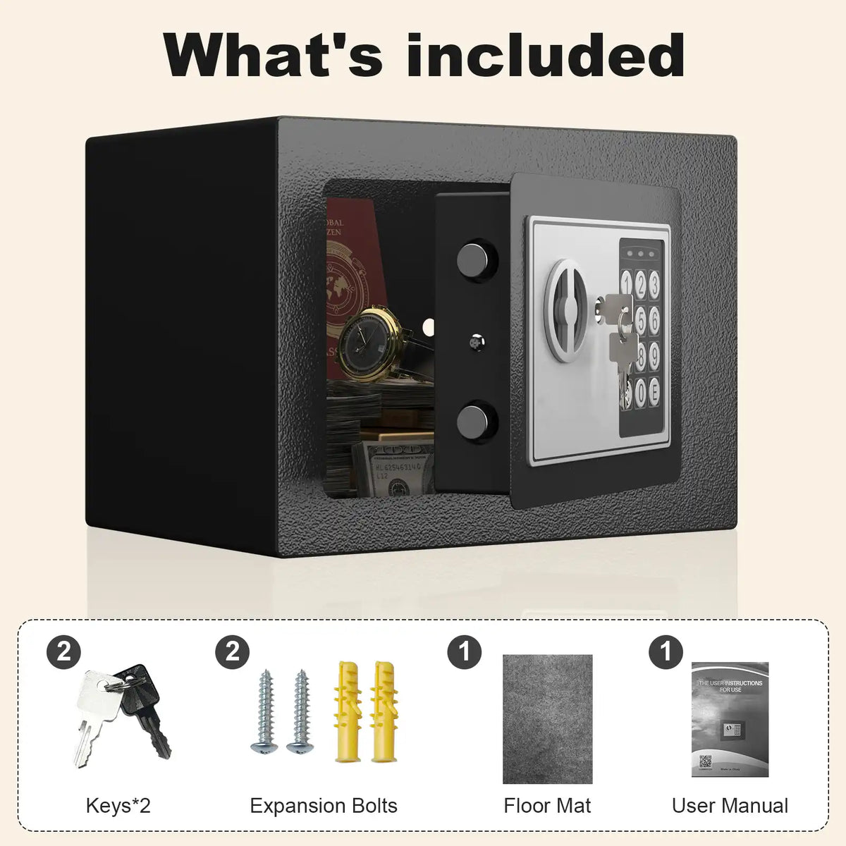 open black digital safe displaying stored cash keys and personal valuables inside the protected interior #black