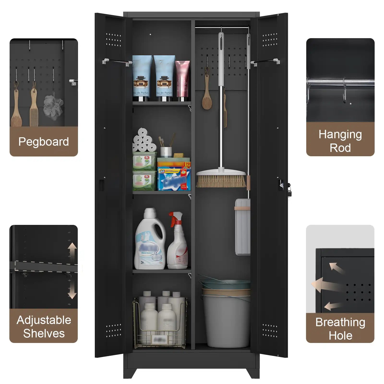 open metal storage cabinet displaying interior features including pegboard adjustable shelves hanging rod and breathing holes