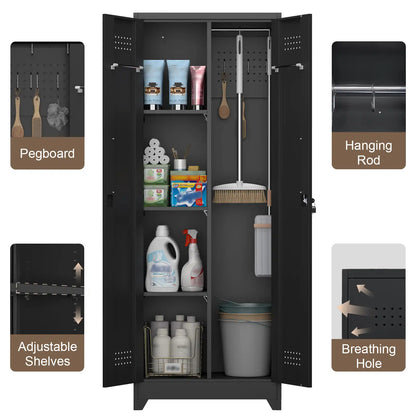 open metal storage cabinet displaying interior features including pegboard adjustable shelves hanging rod and breathing holes