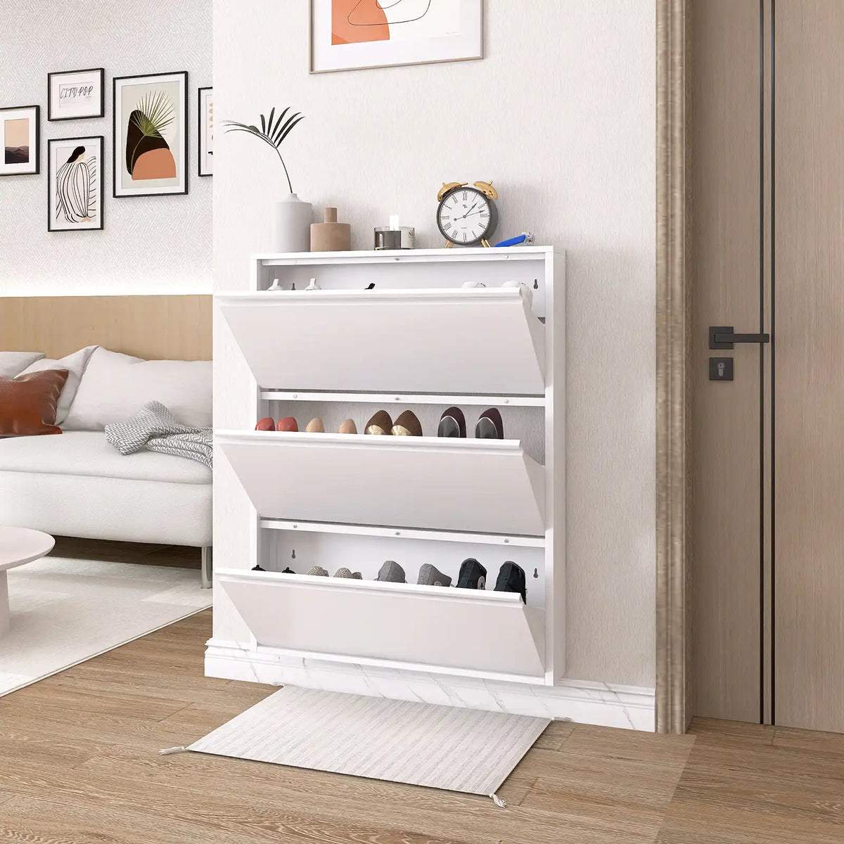 modern white shoe entryway console with opened tilt drawers and decorative plants on top shelf #white #3 flip drawers