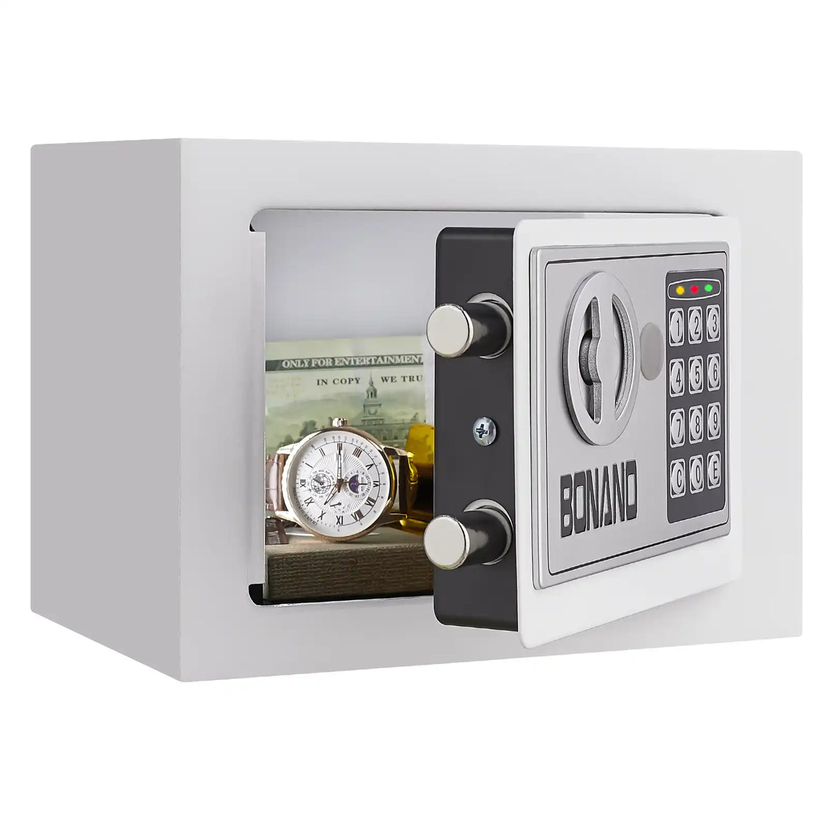 open white steel security box showing stored cash and a wristwatch inside the secure compartment #white