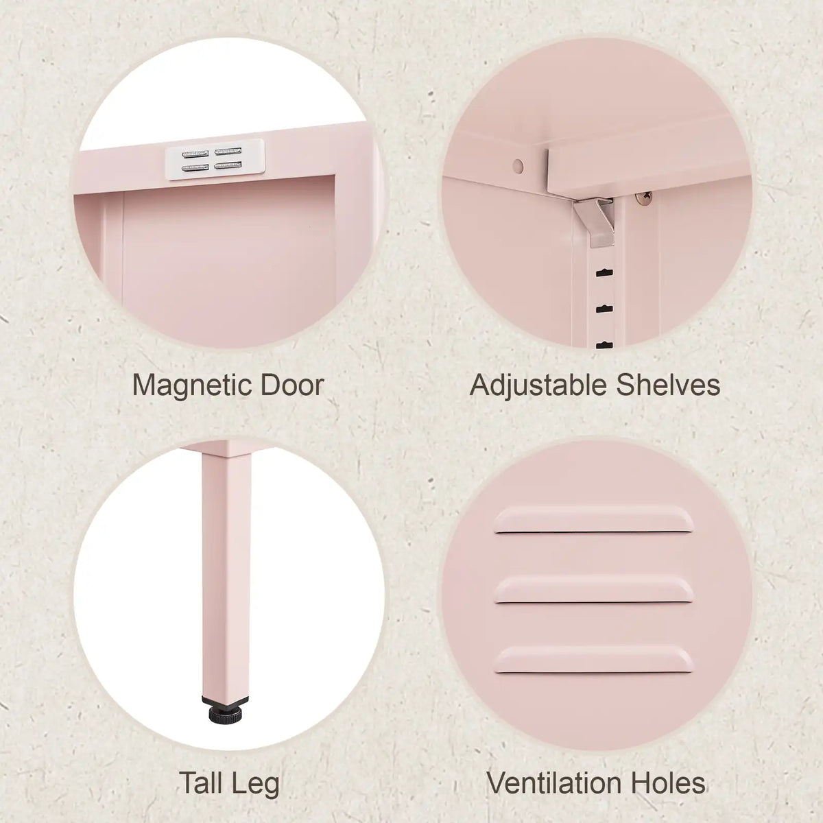Metal storage cabinet featuring tall leg, adjustable shelves, ventilation holes and magnetic door. #pink