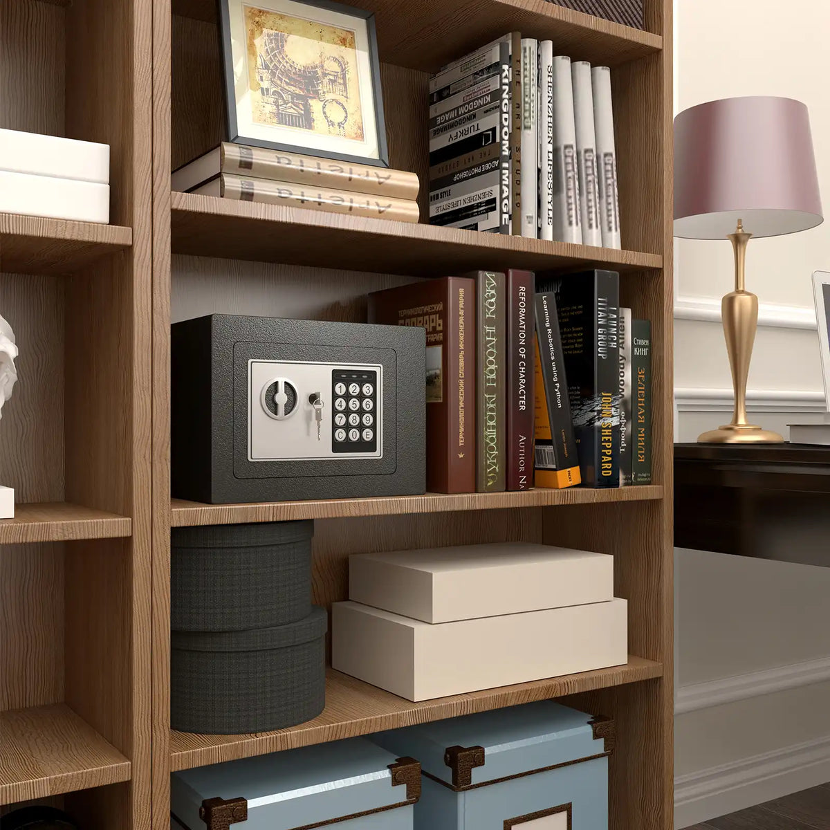 portable security chest placed neatly inside a shelf for discreet key and document storage
