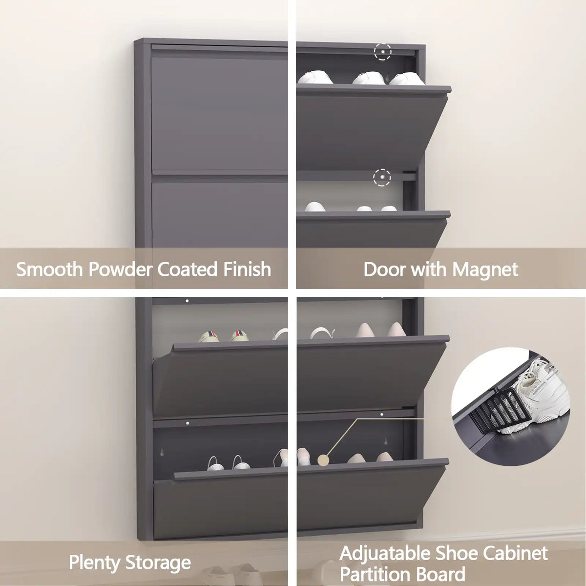 Main highlights of grey steel footwear holder: smooth powder coat, magnetic door closure, large interior, and adjustable dividers. #grey #4 flip drawers