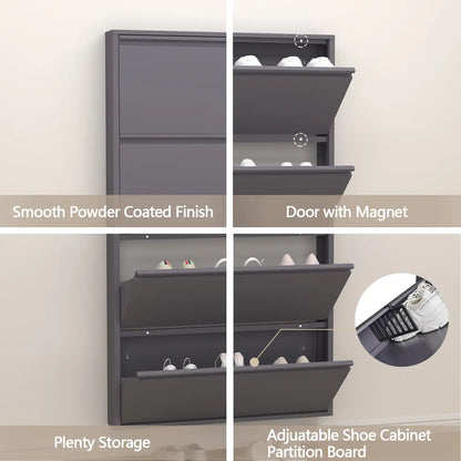 Main highlights of grey steel footwear holder: smooth powder coat, magnetic door closure, large interior, and adjustable dividers. flip drawers