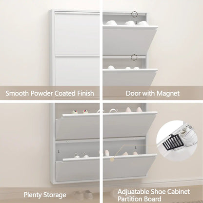 features of white steel shoe storage unit showing smooth powder coating, magnetic latch, large capacity and adjustable dividers flip drawers