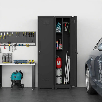 professional lockable storage cabinet neatly organizing long-handled tools, vacuum cleaner, and chemical supplies in a modern garage setting