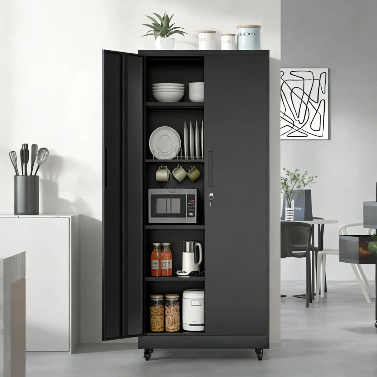 Black rolling kitchen pantry cabinet with wheels featuring open door showing organized microwave, dishes, and food storage jars.