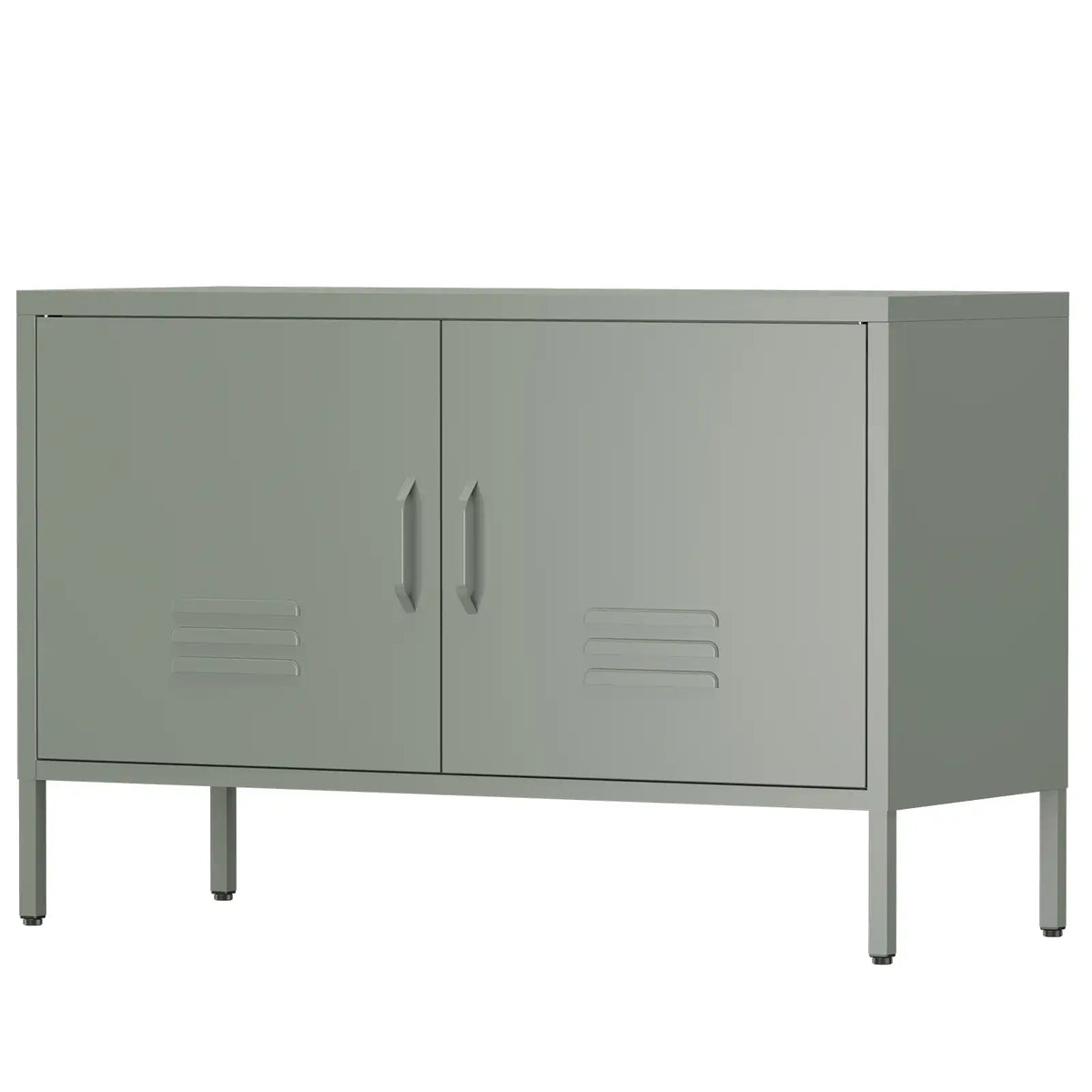 Slate gray green low TV stand console with 2 metal doors and handles. #gray-green