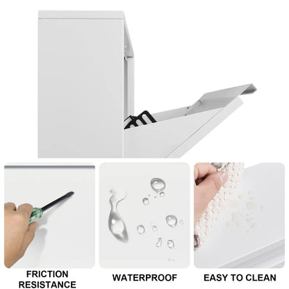 key features of durable white steel shoe holder highlighting scratch resistant waterproof and easy clean surface flip drawers