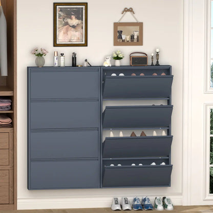 Pair of blue shoe entryway consoles arranged side by side in the foyer; one drawer open, one closed, topped with chic home ornaments. flip drawers