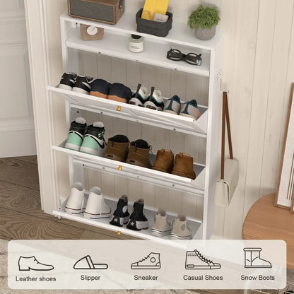 side profile of the slim white freestanding shoe cabinet highlighting its space-efficient design along the wall