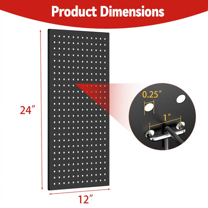 Product dimension diagram showing a single black metal pegboard panel with mounting hole specs.