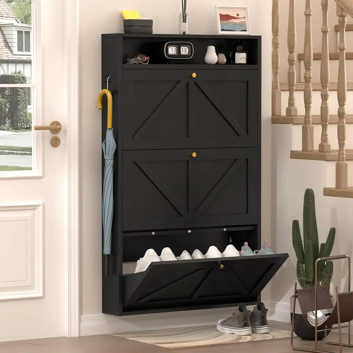 sleek 3-tier shoe cabinet with three tilt-out drawers fully opened neatly organizing multiple pairs of shoes in a modern home entryway #black #standard
