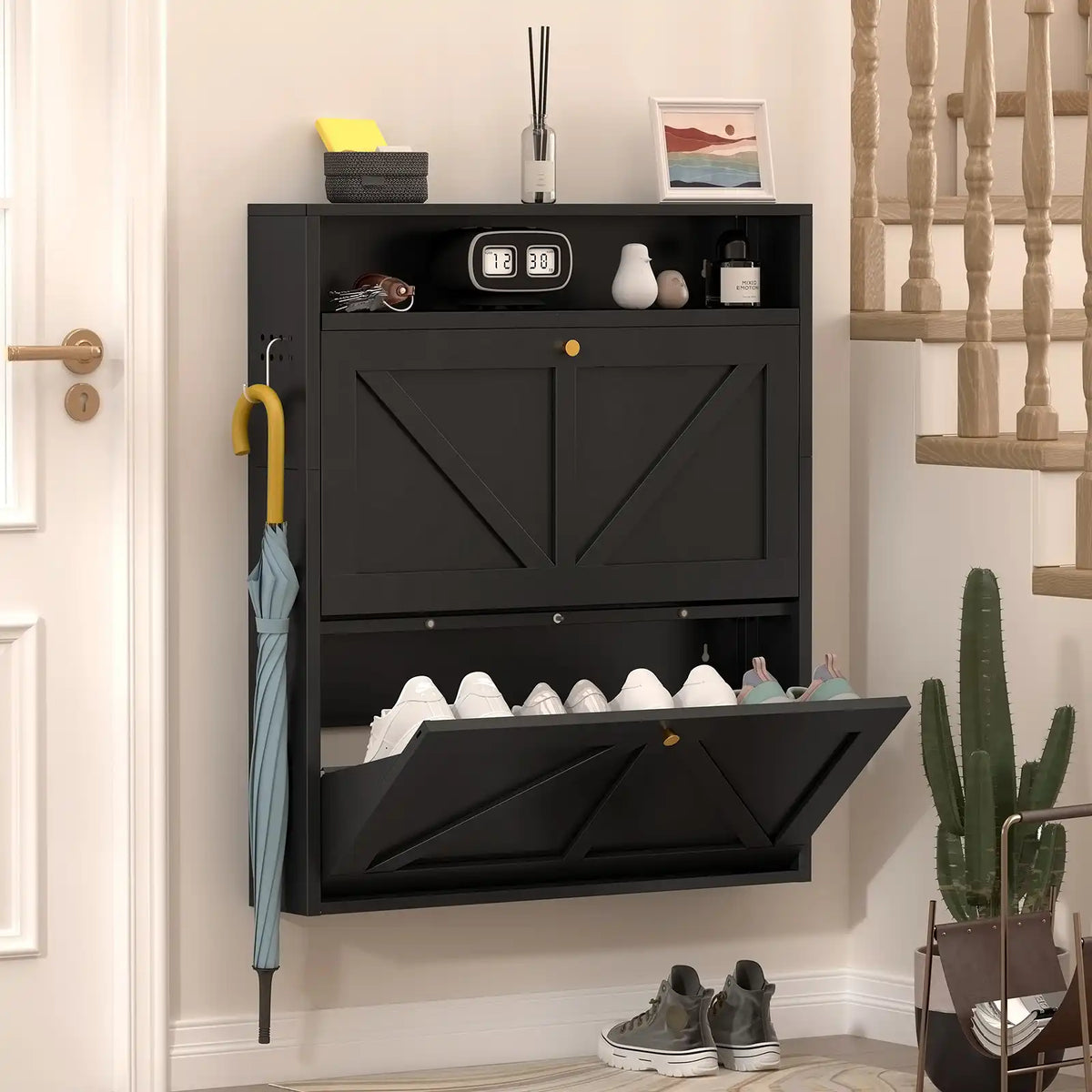 sleek black narrow shoe cabinet featuring 2 tilt-out drawers styled in a modern entryway layout #black #compact