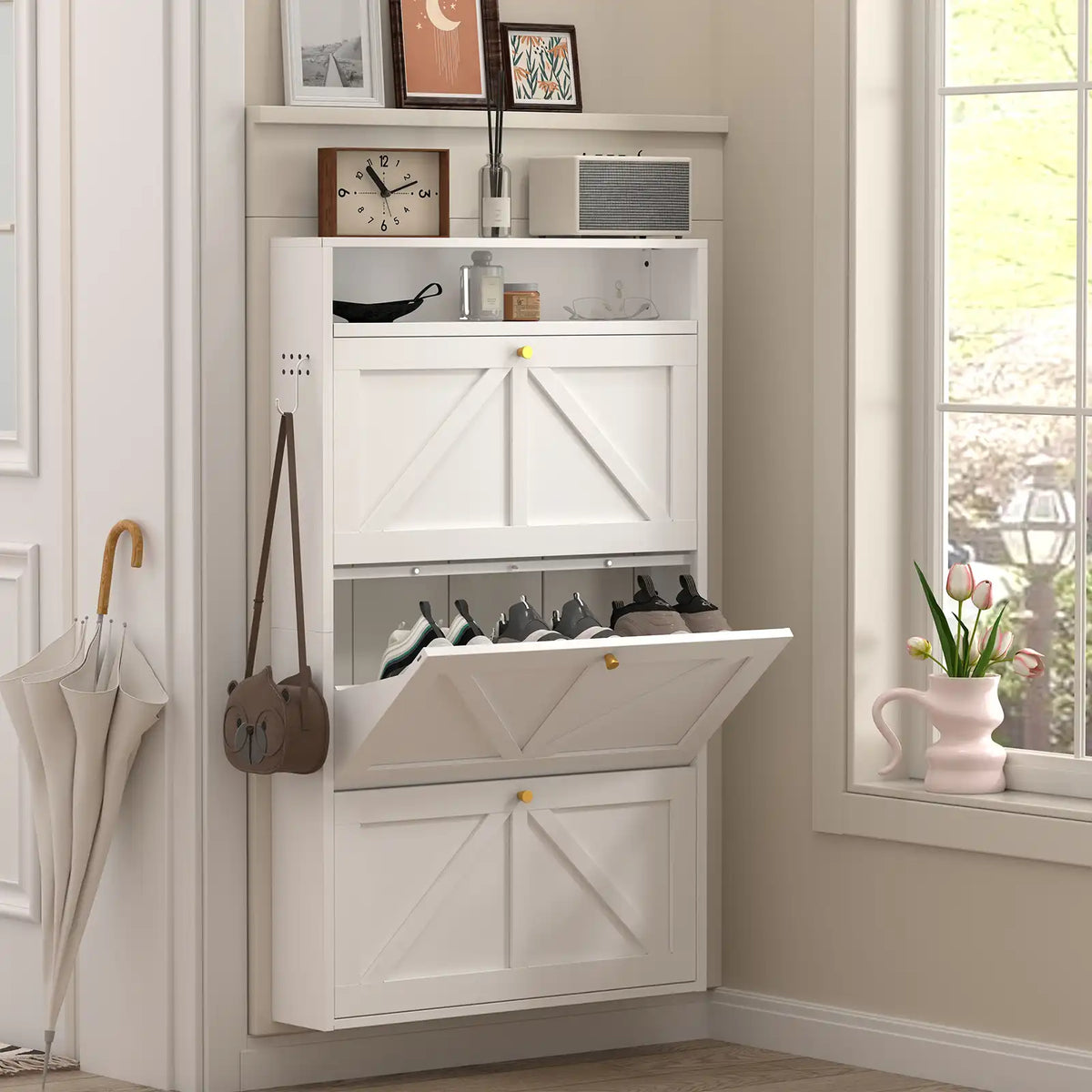 sleek metal shoe cabinet with 3 flip drawers showcasing neatly organized footwear in a stylish home entryway